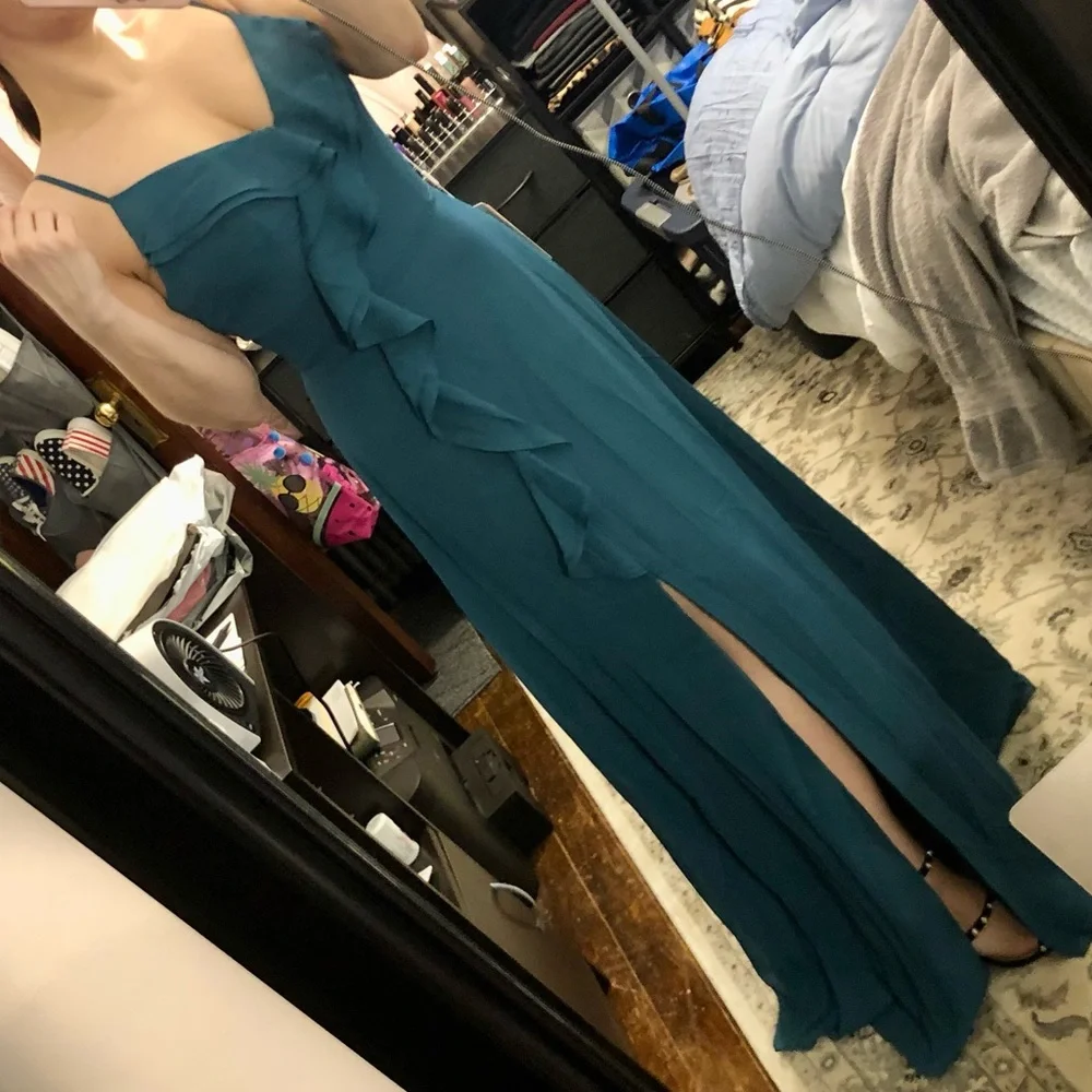 NEW Sheath / Column V-Neck Floor-Length Formal Dress w/ Ruffles - Picture 3 of 14